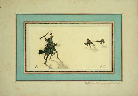 Return of two Arabs with camel; drawing for the book 'In Desert and Wilderness' by Henryk Sienkiewicz